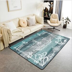 5x7 Nautical Sailboat Area Rug | Ocean Theme Non-Slip Carpet Anchor Coastal